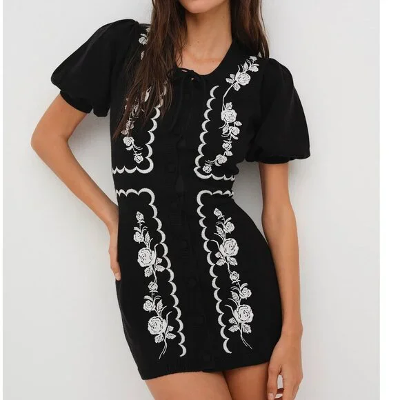 For Love And Lemons | Dresses | Nwt 89 For Love And Lemons Josephina Black  Knit Embroidered Dress Size Xl | Poshmark